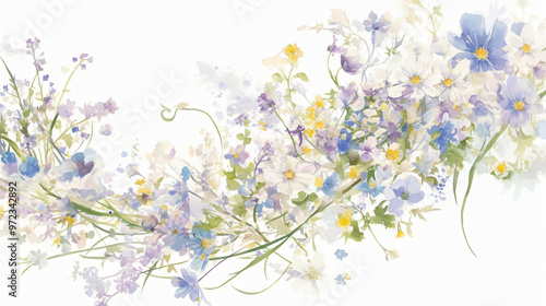 A delicate watercolor illustration featuring a flowing arrangement of pastel flowers in shades of purple, blue, and yellow, creating a soft and enchanting floral design, ideal for spring themes.
