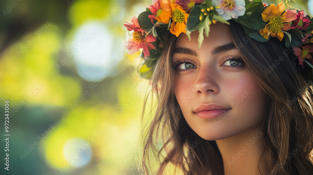 A young woman with a flower crown smiles warmly in a soft and colorful background during a sunny day in a park A young woman with a flower crown smiles warmly in a soft and colorful background during a sunny day in a park