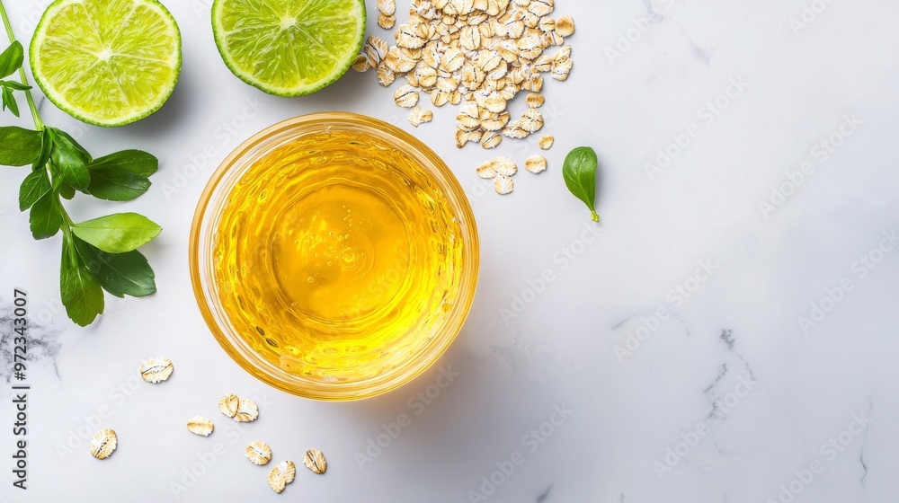 Fresh Lemon Water with Oats and Green Leaf on Marble Background Fresh Lemon Water with Oats and Green Leaf on Marble Background