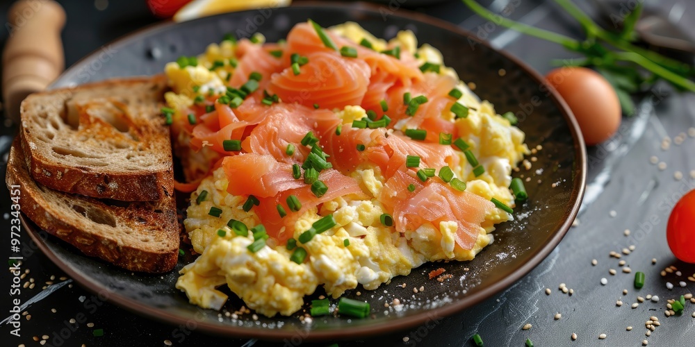 Scrambled eggs paired with smoked salmon and whole grain toast Scrambled eggs paired with smoked salmon and whole grain toast
