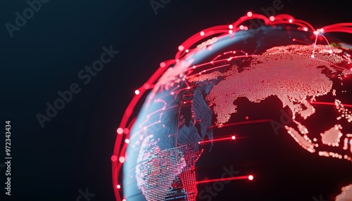 A futuristic globe where business hubs are connected by flowing, neon data streams, visualizing the structure of global corporate networking photo