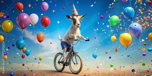 A clumsy goat wearing sunglasses and a party hat is riding a unicycle on a colorful beach ball, photo