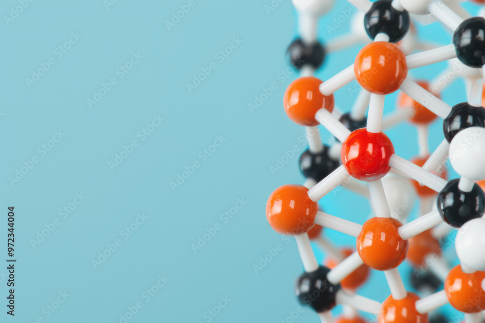 Molecular structure with colorful atoms on blue background, showcasing science Molecular structure with colorful atoms on blue background, showcasing science