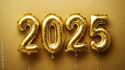 gold foil balloons in the shape of the numbers 2025, each with an attached string