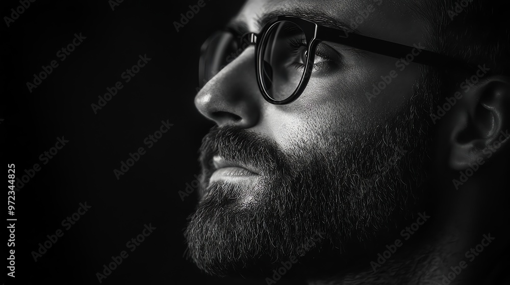 Close-up black and white portrait of a bearded man wearing glasses. Close-up black and white portrait of a bearded man wearing glasses.