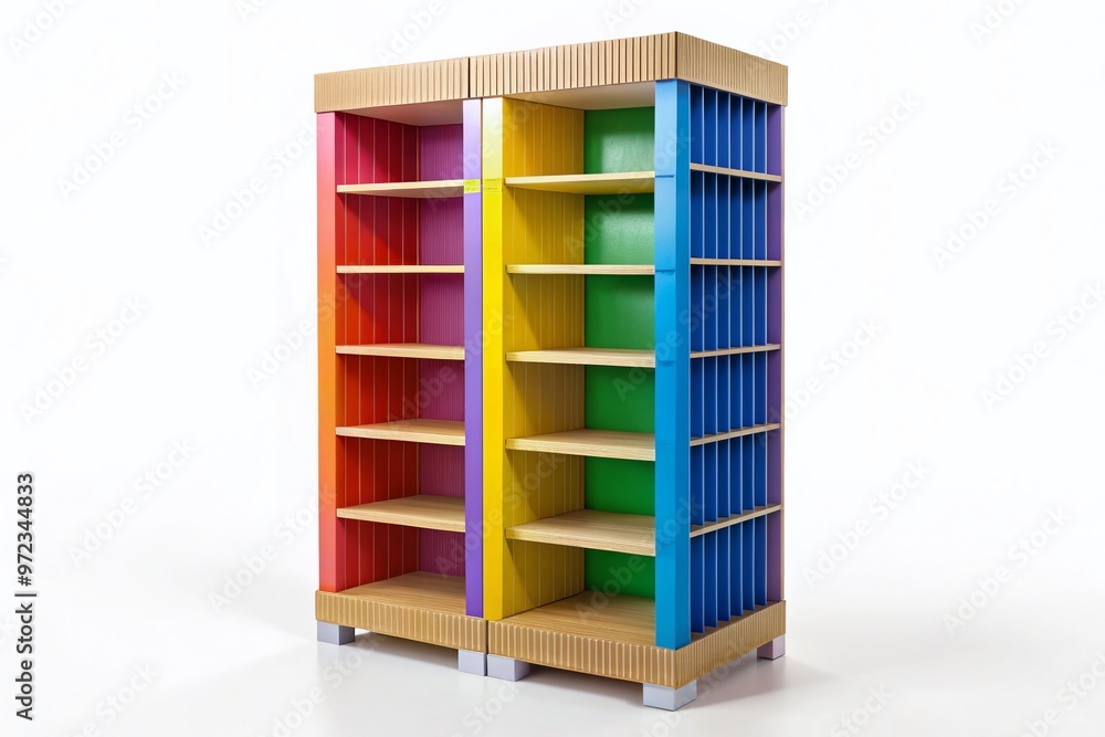 A colorful and empty retail display made of corrugated cardboard stands upright on a white background, with multiple A colorful and empty retail display made of corrugated cardboard stands upright on a white background, with multiple