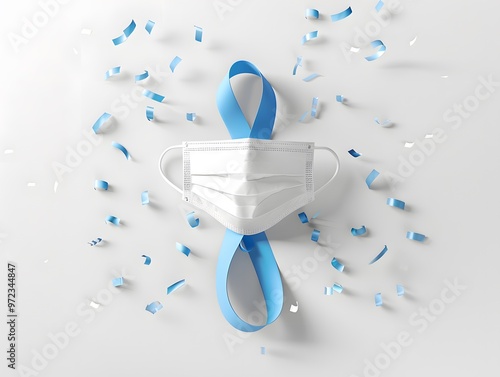 Mask and Blue Ribbon with Confetti on White Background photo