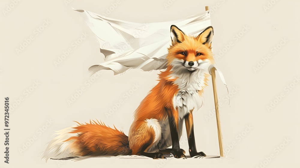 Fox Holding White Flag: A clever fox sitting gracefully, holding a white flag between its teeth.
Fox Holding White Flag: A clever fox sitting gracefully, holding a white flag between its teeth.
