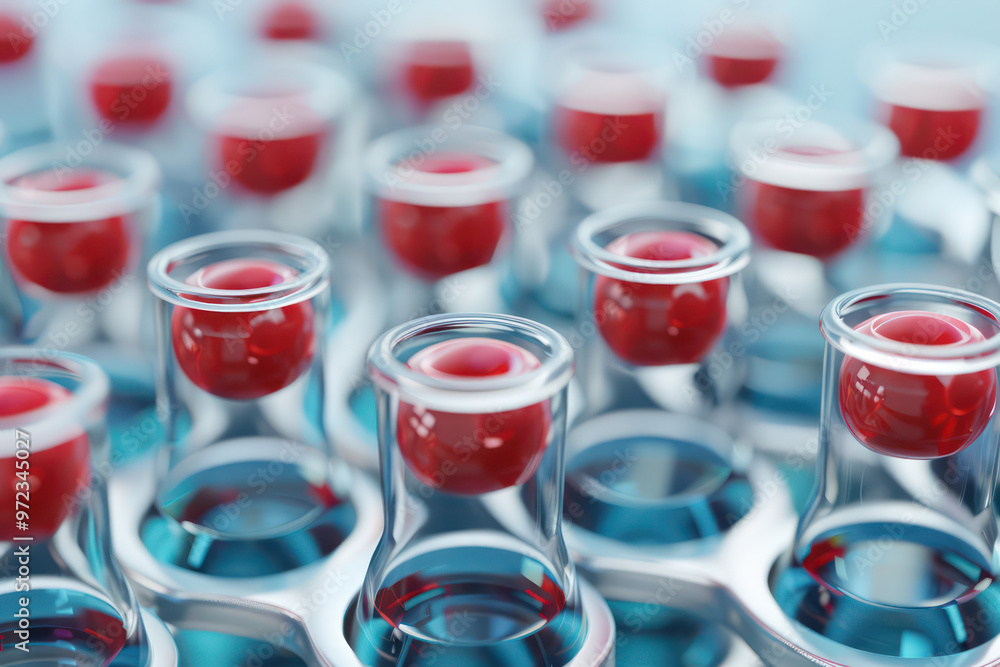 Laboratory glassware with red liquid in test tubes creates vibrant scene Laboratory glassware with red liquid in test tubes creates vibrant scene