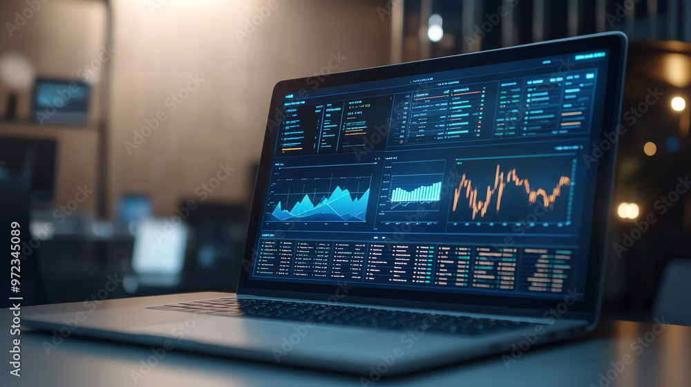 Laptop displaying financial charts and data analysis. Laptop displaying financial charts and data analysis.