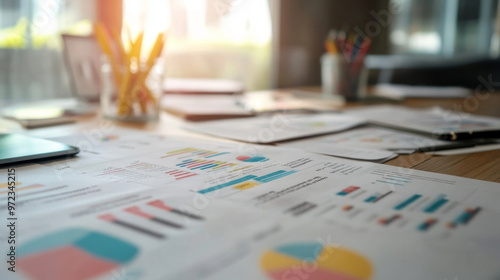 Business plan charts and graphs printed on paper and scattered on a desk