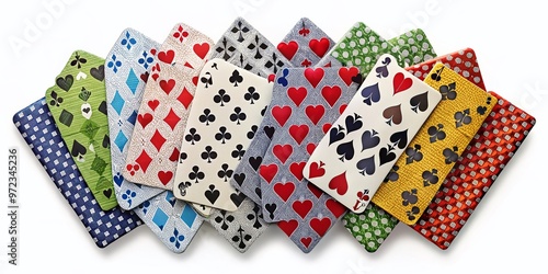 A colorful arrangement of suits from a deck of cards, featuring interlocking spades, hearts, diamonds, and clubs, set photo