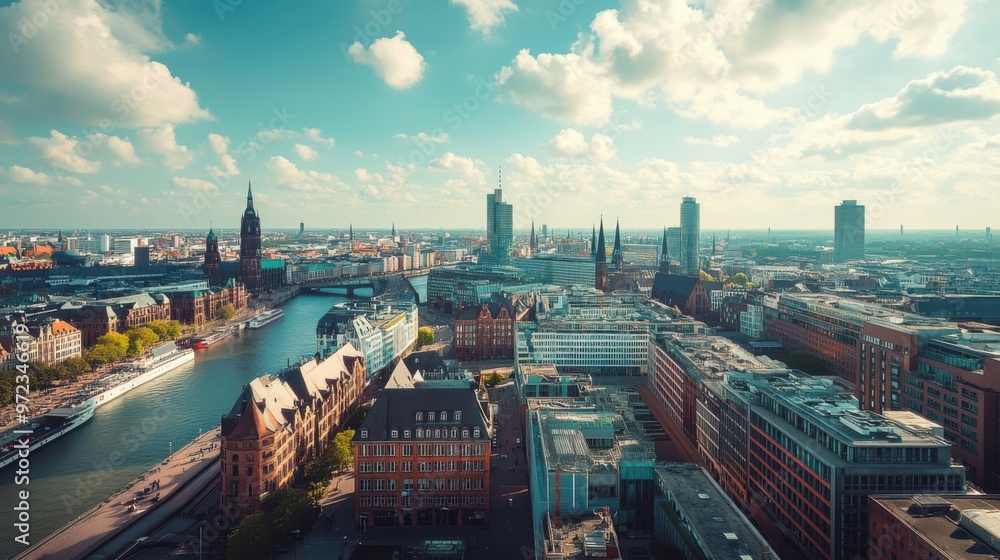 Obraz premium An expansive aerial view of Hamburg, showing the skyline with its blend of modern