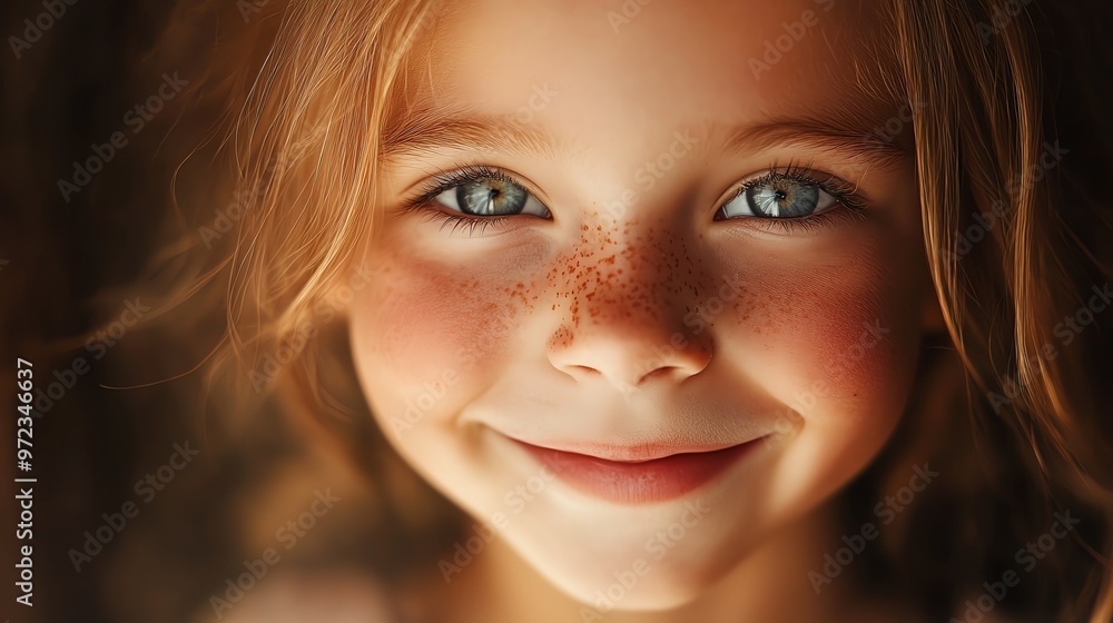 Close up portrait of a young girl with freckles smiling at the camera with bright blue eyes. Close up portrait of a young girl with freckles smiling at the camera with bright blue eyes.
