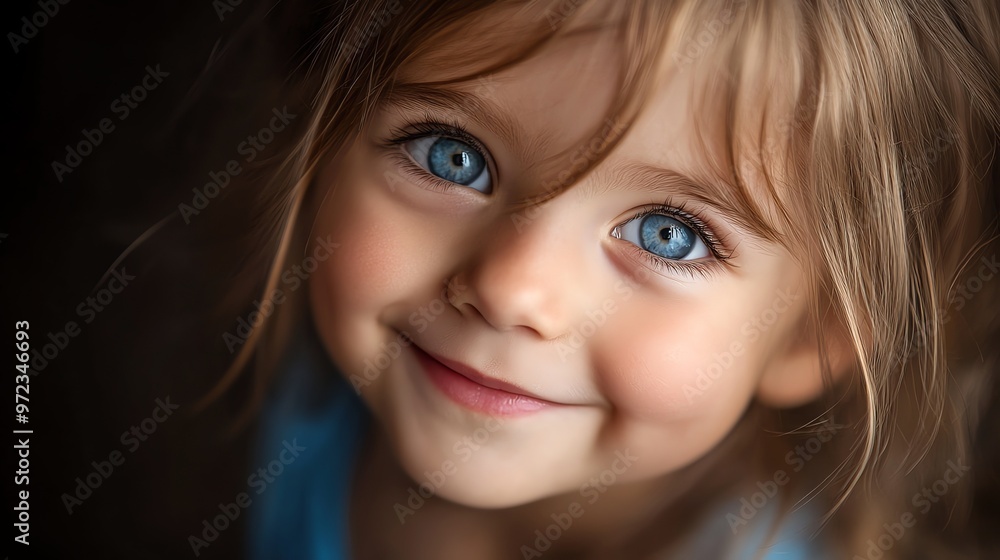 A close-up portrait of a little girl with bright blue eyes, smiling. A close-up portrait of a little girl with bright blue eyes, smiling.