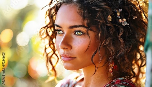 Stunning close-up of a young woman with curly hair and striking green eyes, captured in warm, natural light. This portrait exudes beauty and confidence, perfect for fashion, lifestyle, or beauty