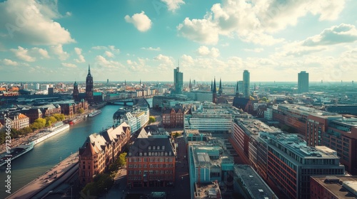 An expansive aerial view of Hamburg, showing the skyline with its blend of modern