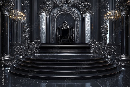 Darkly opulent throne room with black marble steps and fine silver embellishments.