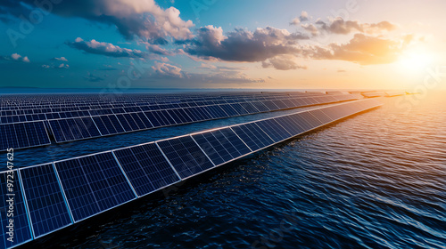 A stunning view of solar panels on water with a vibrant sunset. Ideal for renewable energy and environmental themes. photo