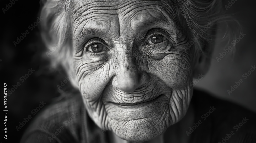 Close-up black and white portrait of an elderly woman smiling at the camera. Close-up black and white portrait of an elderly woman smiling at the camera.