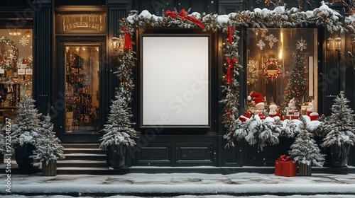 Winter mockup of a blank signage board outside a snow-covered shop, with holiday decorations and a warm glow from the windows, perfect for seasonal storefront designs. 4K hyperrealistic photo. photo