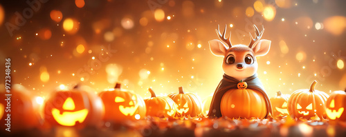 A whimsical deer character in a festive setting surrounded by glowing pumpkins, perfect for Halloween themes and autumn celebrations. photo