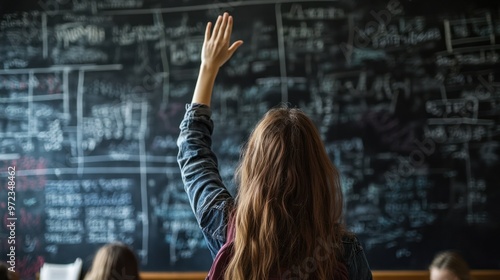 A student raising their hand in a classroom, with a blackboard full of equations in the background, asking a question