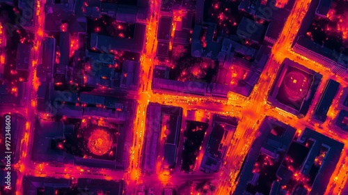 Heatmap of a city's nightlife, with warm colors indicating the most active clubs and bars and cooler tones in the quieter, surrounding streets. 4K hyperrealistic photo.