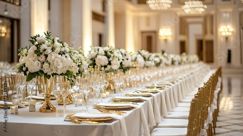 Luxurious ballroom setup in white and gold for an opulent wedding.