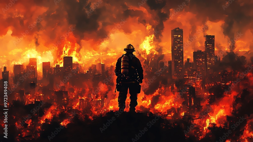 Fototapeta premium A heroic firefighter silhouetted against a smoldering city skyline