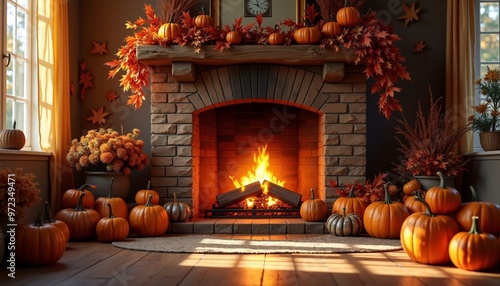 Thanksgiving fireplace scene with cozy warm tones and harvest decorations capturing the essence of a rustic autumnal celebration indoors.