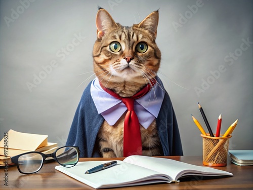 A confused-looking cat wearing a superhero cape and glasses, sitting at a desk with a notepad and pencil, photo