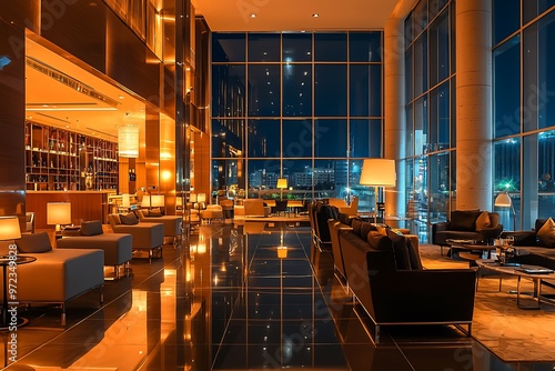 Sleek hotel lobby illuminated at night, offering a contemporary look.