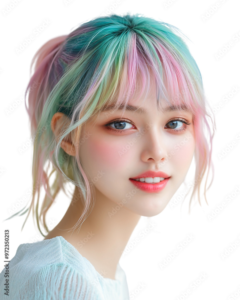 A young woman with colorful hair, wearing a casual outfit A young woman with colorful hair, wearing a casual outfit