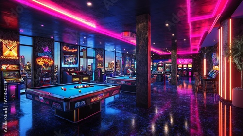 A retro-futuristic gaming lounge featuring pool tables, a vibrant environment with neon lights, and various gaming consoles creating a lively atmosphere.