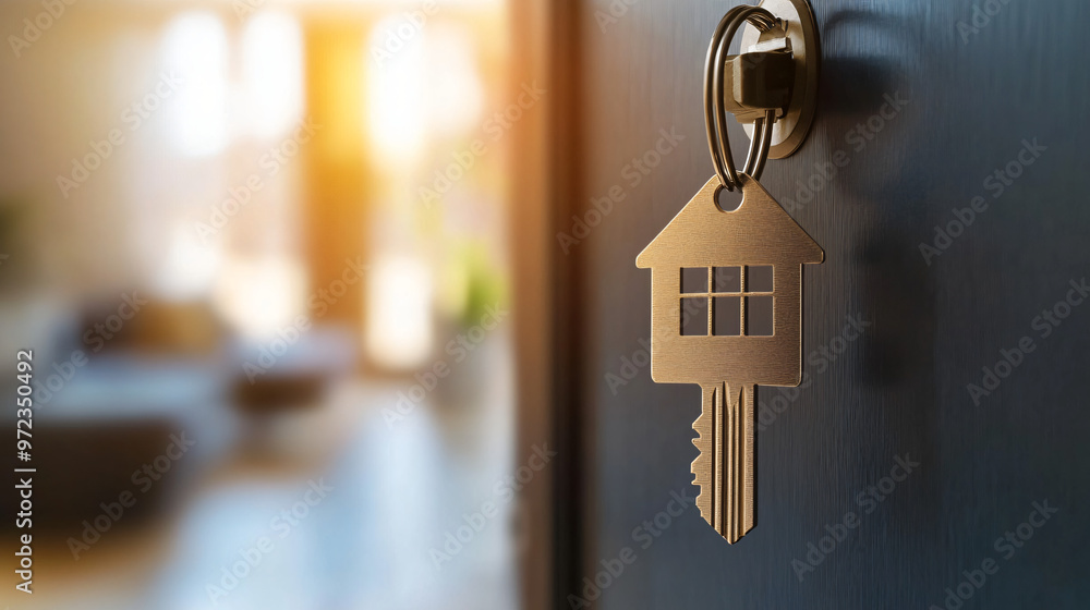 Golden house-shaped key adorns a door, revealing a welcoming living room and representing the idea of discovering a new home Golden house-shaped key adorns a door, revealing a welcoming living room and representing the idea of discovering a new home