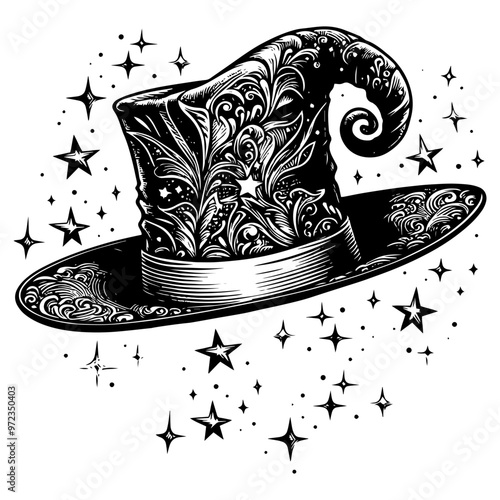 Intricately designed wizard hat with stars on white background. Vector, generative ai.