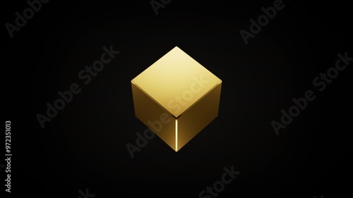 3D render of animated golden cube loop rotating. 4K abstract animation of transparent object