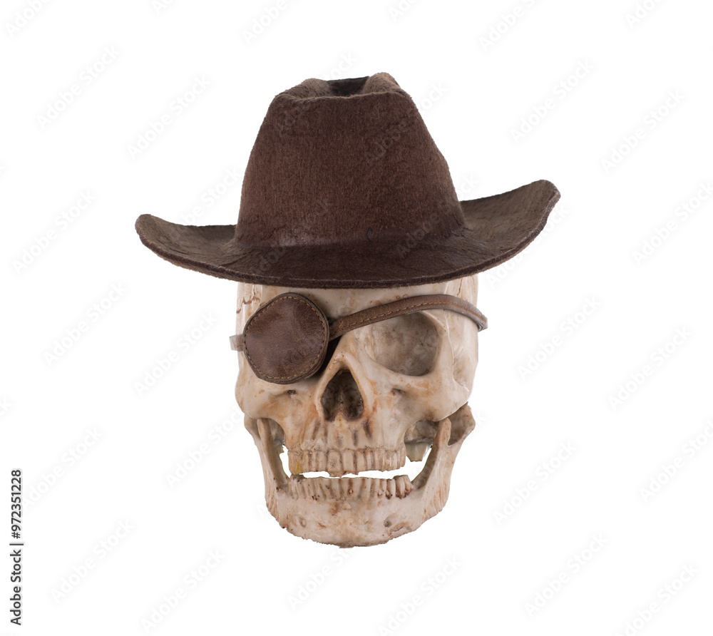 Skull with eye patch isolated on white background