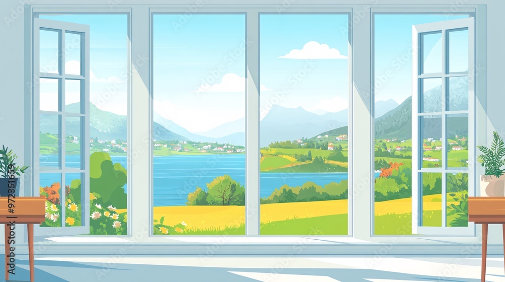 Naklejka premium 7. Views from cozy homes. Look out from open windows set. Beautiful nature and city landscapes, sea beach, countryside, field, mountain outside, windowsills, tables inside. Flat vector illustrations.