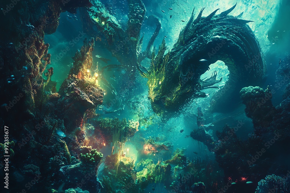 A mesmerizing underwater landscape reveals vibrant coral reefs and mythical creatures A mesmerizing underwater landscape reveals vibrant coral reefs and mythical creatures