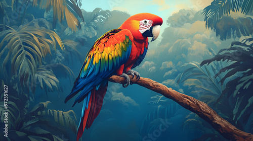 A vibrant macaw perched on a branch in a lush trop photo