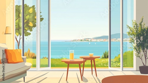 6. Views from cozy homes. Look out from open windows set. Beautiful nature and city landscapes, sea beach, countryside, field, mountain outside, windowsills, tables inside. Flat vector illustrations.