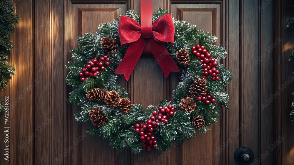 Festive Christmas wreath on a wooden door, decorated with red berries, pinecones, and a big red bow, welcoming holiday guests. 4K hyperrealistic photo. Festive Christmas wreath on a wooden door, decorated with red berries, pinecones, and a big red bow, welcoming holiday guests. 4K hyperrealistic photo.