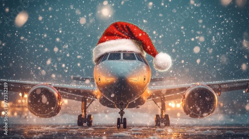Airplane wearing santa hat taxiing on runway during snowfall