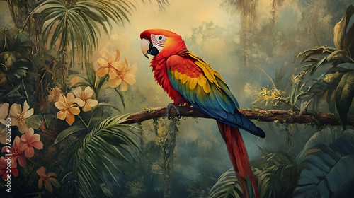 Wallpaper Mural A vibrant parrot perched on a tropical branch Torontodigital.ca