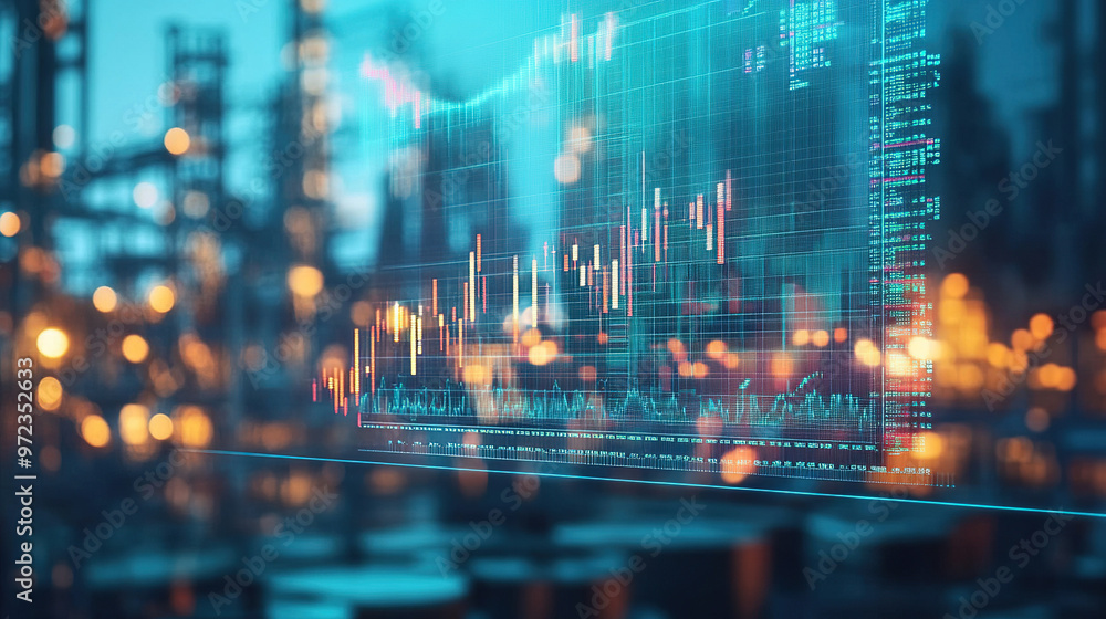 Obraz premium Close up of digital business stock market screen showing fluctuating oil price graph with oil barrels and financial chart elements in background.