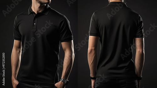A man models a black polo shirt, showcasing the front and back view, against a dark background, highlighting the shirt's fit and style.
