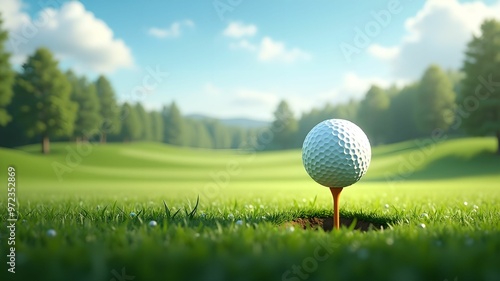 Golf ball on green grass, sport banner