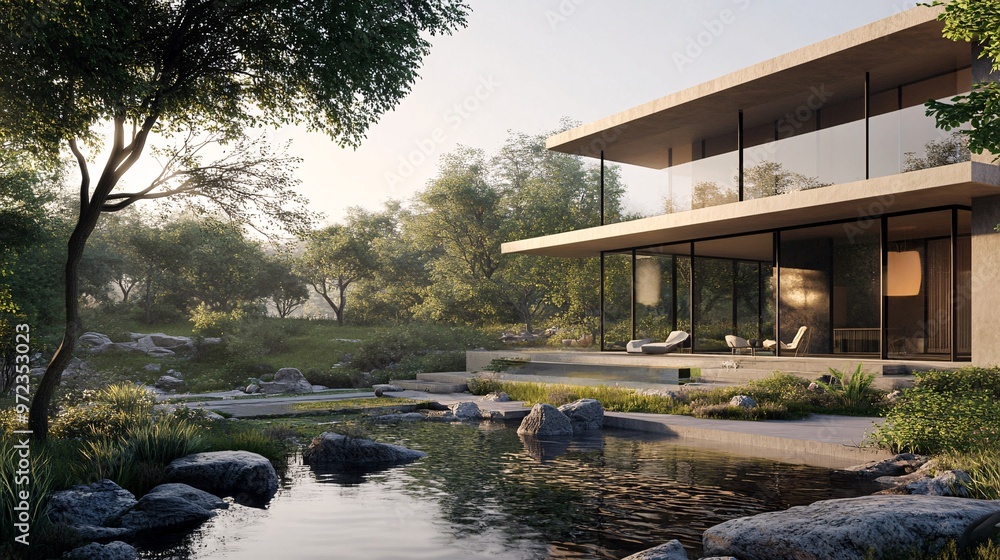 Obraz premium 28. Architecture 3D rendering illustration of the modern house with a natural landscape. Elegant 3D rendering of a contemporary house with expansive windows, seamlessly integrated into a picturesque